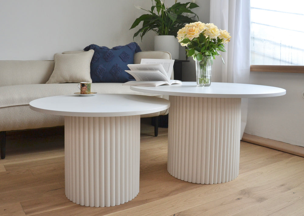 set of two round fluted coffee tables in plain white Ø 80 & Ø 60 cm