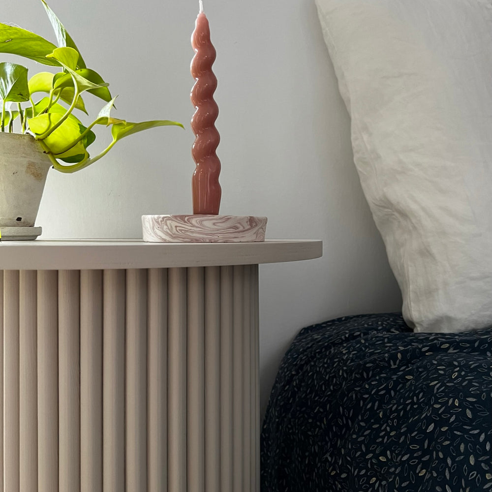 
                  
                    round and fluted bedside table in beige, cafe latte color
                  
                