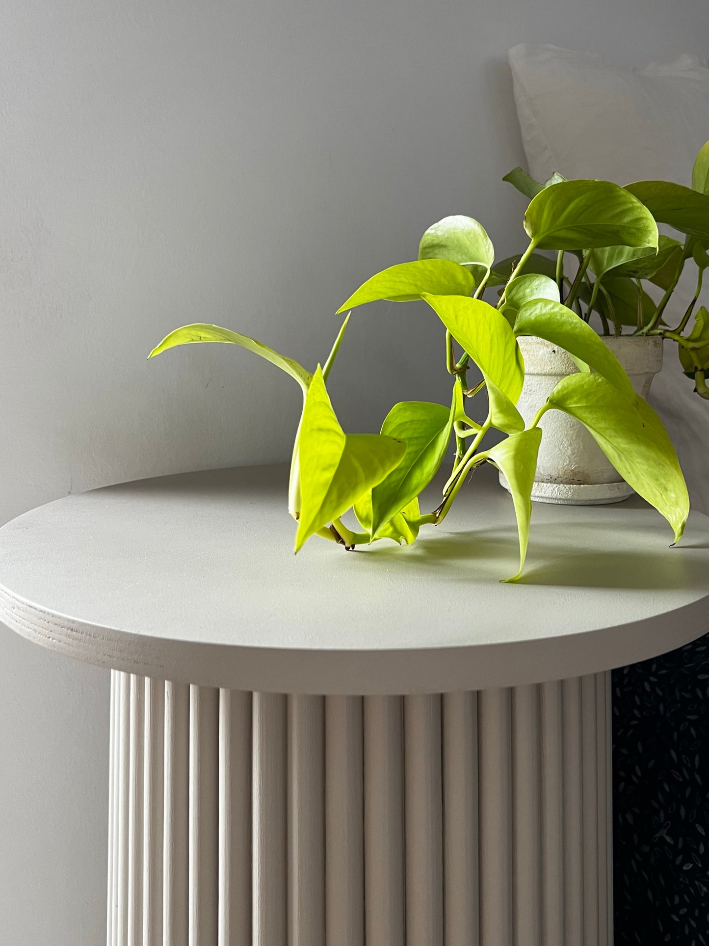 
                  
                    round and fluted bedside table in beige, cafe latte color
                  
                