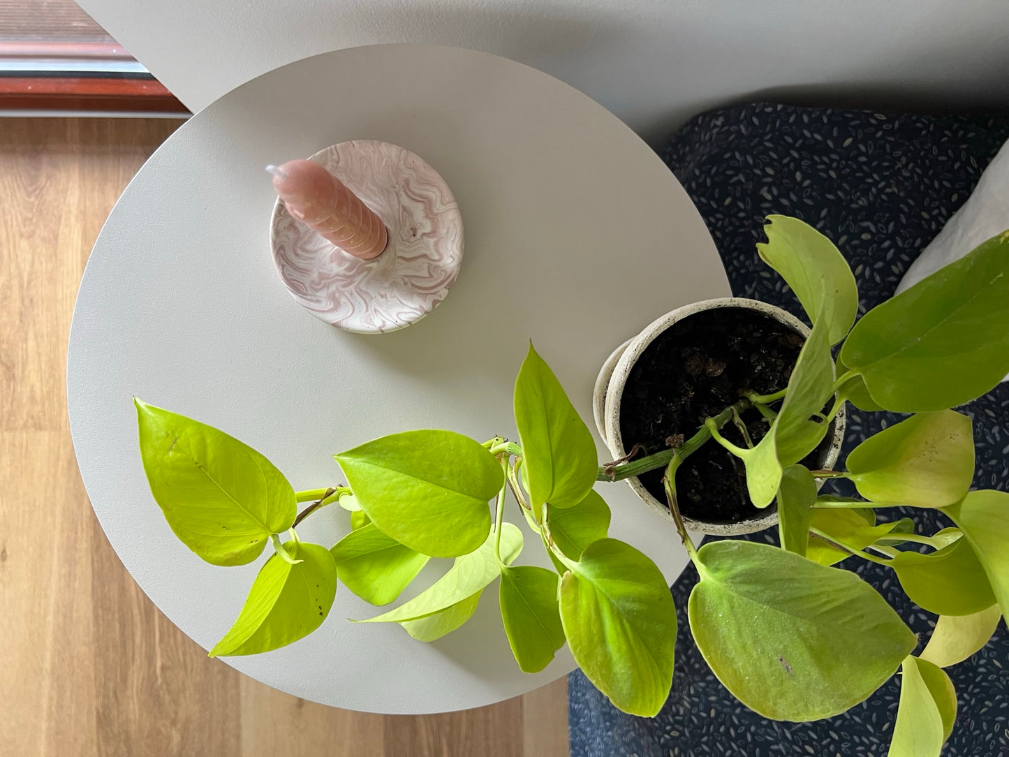 
                  
                    round and fluted bedside table in beige, cafe latte color
                  
                