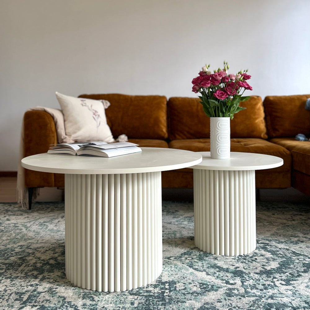 
                  
                    set of two round fluted coffee tables in light beige Ø 70 & Ø 53 cm
                  
                