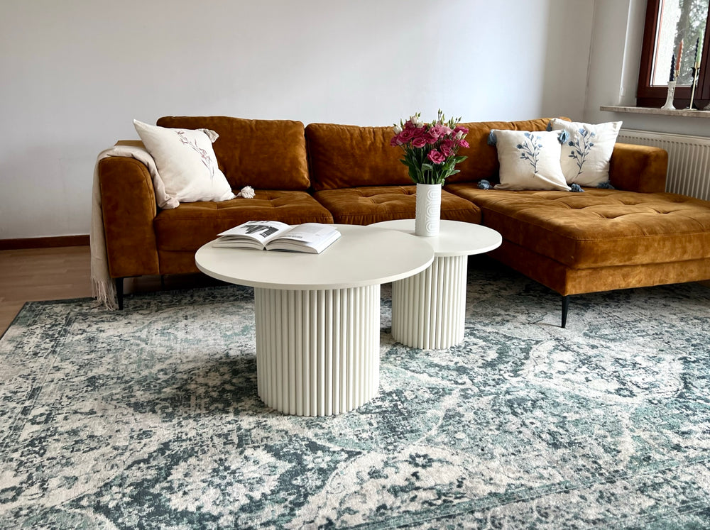 set of two round fluted coffee tables in light beige Ø 70 & Ø 53 cm