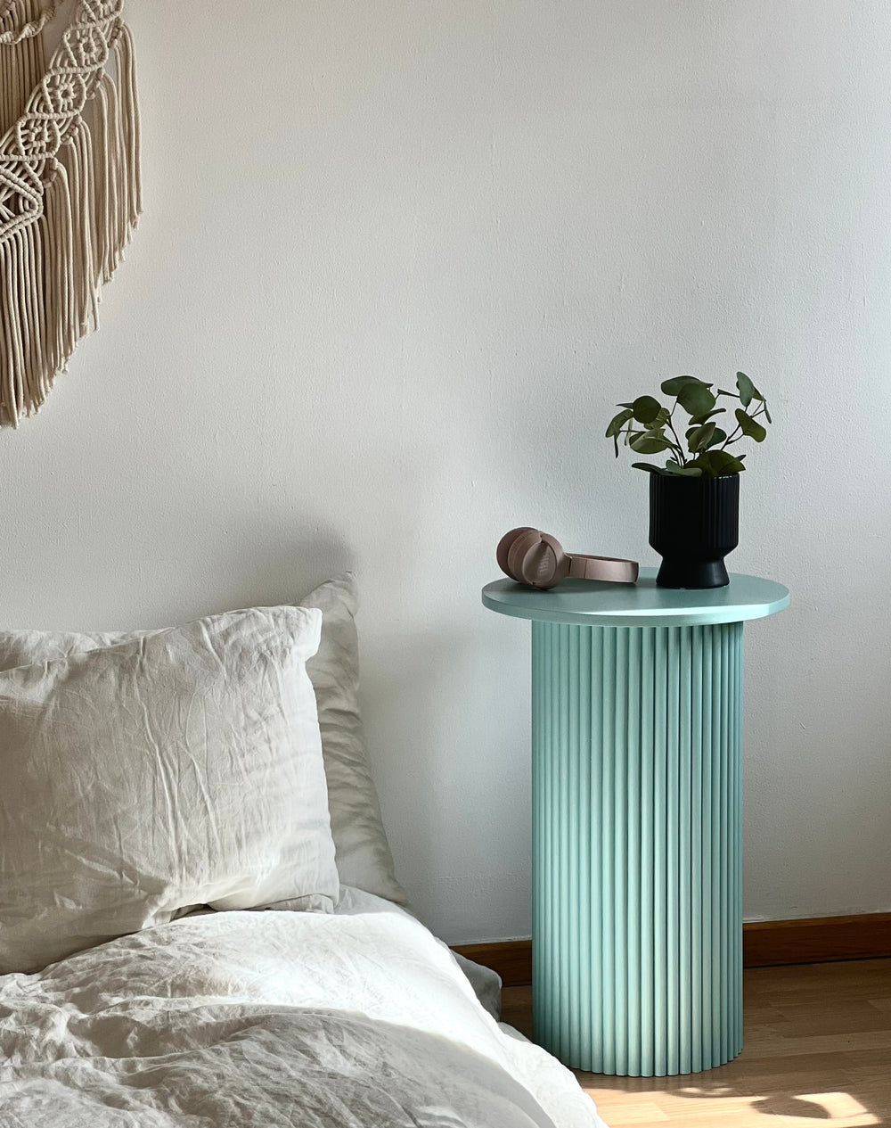 round and fluted bedside table in eggshell blue