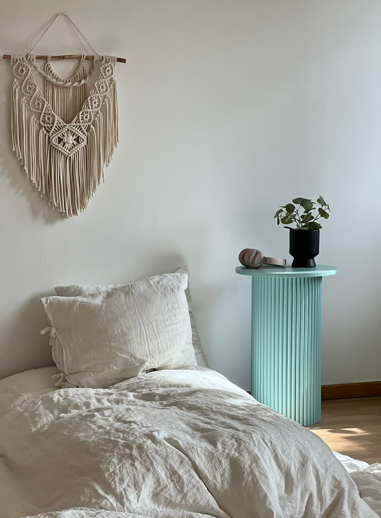 
                  
                    round and fluted bedside table in eggshell blue
                  
                